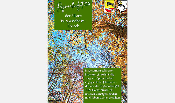 Bild Herbstliches Blätterdach mit Text auf grünen Textboxen. 