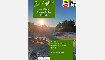 Bild Skatepark mit Text auf grünen Textboxen. 