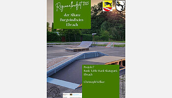 Bild Skatepark mit Text auf grünen Textboxen. 