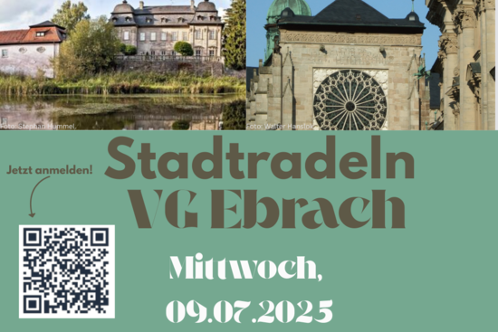 Plakatausschnitt mit großer Aufschrift "Stadtradeln VG Ebrach", zudem Bilder der Stadt und ein QR-Code zur Anmeldung.