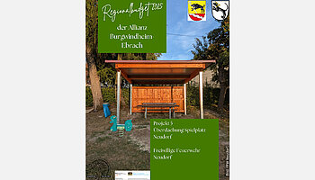 Bild Überdachung Spielplatz mit Text auf grünen Textboxen. 