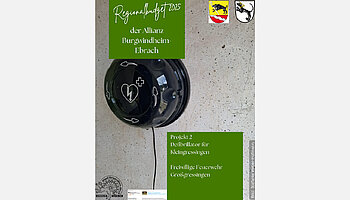 Bild Wandhängender Defibrillator mit Text auf grünen Textboxen. 