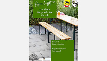 Bild Biertischgarnitur mit Text auf grünen Textboxen. 